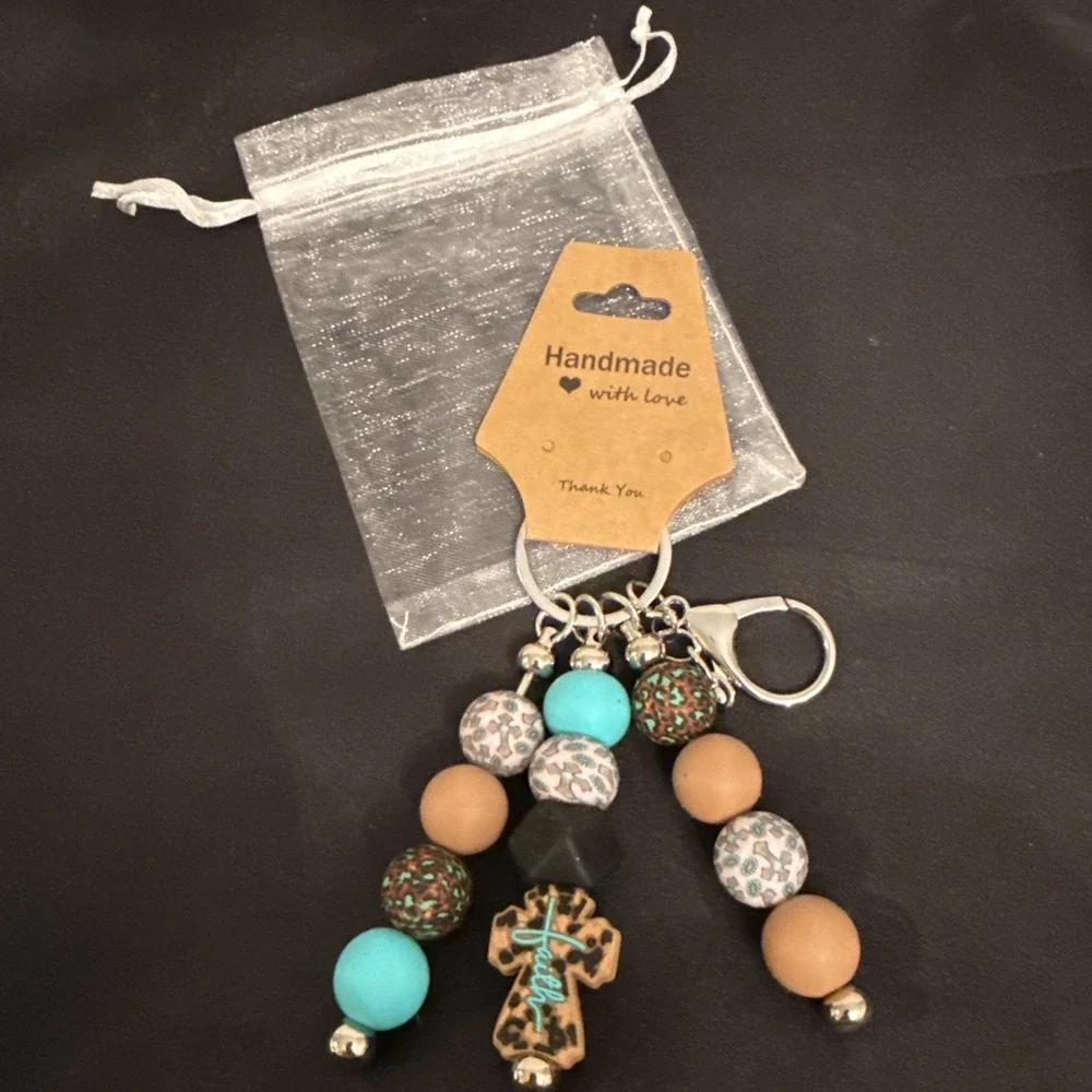 Handmade Turquoise Faith Cross Beaded Keychain Blue Leopard Print Silicone Bead